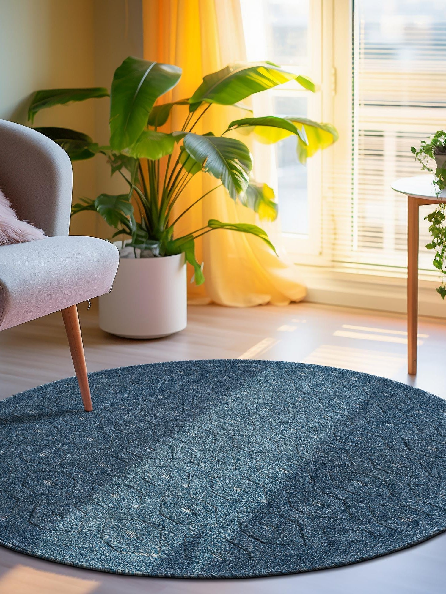 Navy Blue 4' x 4' Outdoor Trellis Textured Round Area Rug Weather Resistant for Patio, Deck, Terrace, Balcony, Porch Geometric Design Water Safe Outside Carpet for Sale at Rug Engine