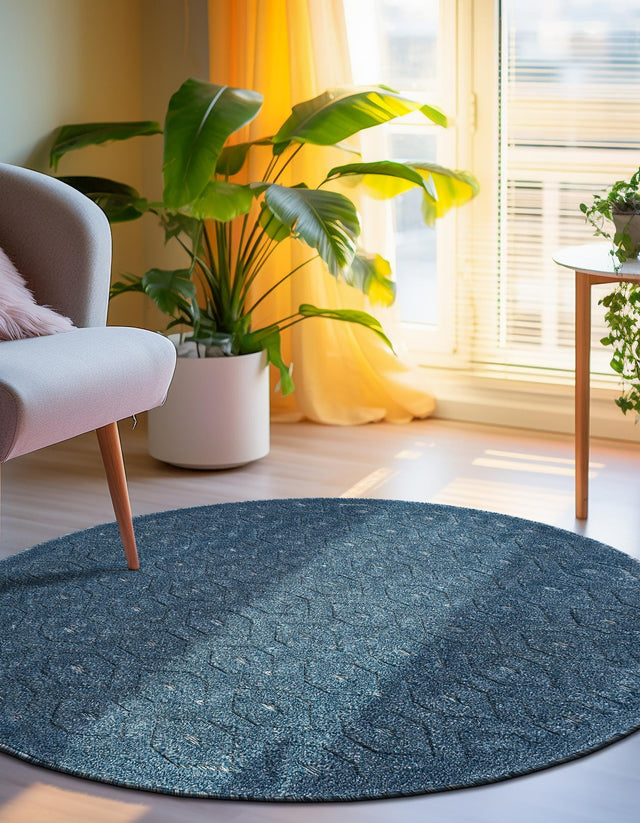 Navy Blue 4' x 4' Outdoor Trellis Textured Round Area Rug Weather Resistant for Patio, Deck, Terrace, Balcony, Porch Geometric Design Water Safe Outside Carpet for Sale at Rug Engine