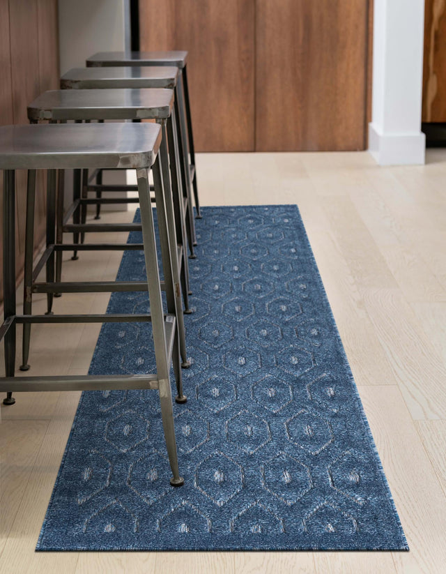 Navy Blue 2' x 6' Outdoor Trellis Textured Runner Area Rug Weather Resistant for Patio, Deck, Terrace, Balcony, Porch Geometric Design Water Safe Outside Carpet for Sale at Rug Engine