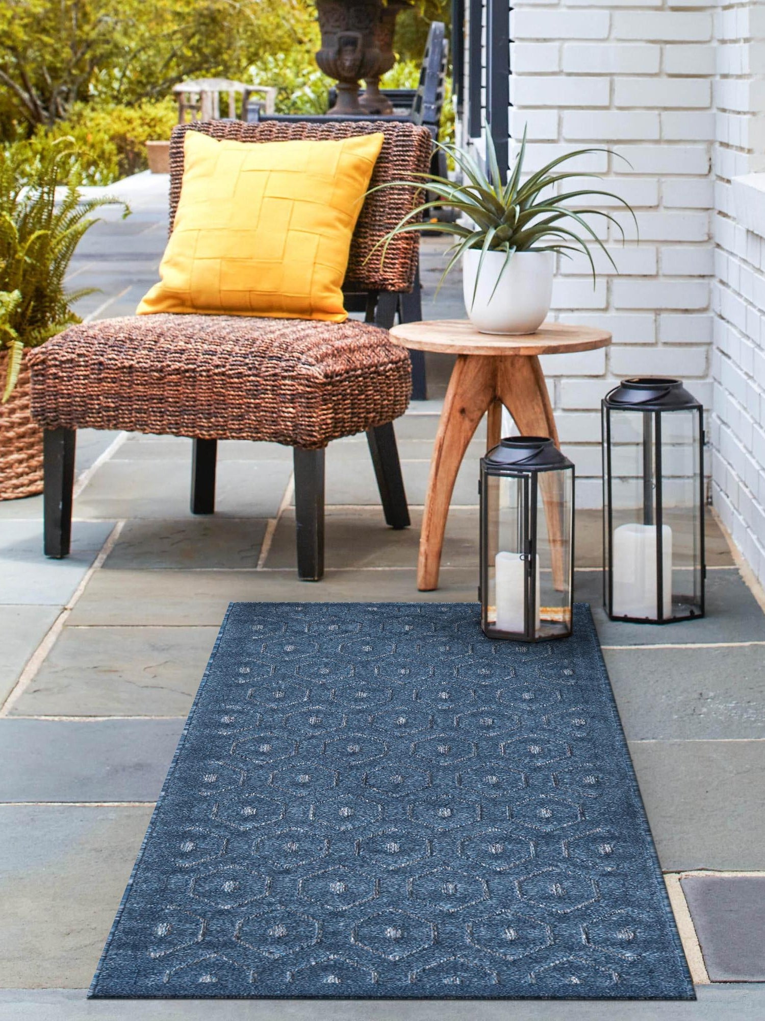 Navy Blue 2' x 8' Outdoor Trellis Textured Runner Area Rug Weather Resistant for Patio, Deck, Terrace, Balcony, Porch Geometric Design Water Safe Outside Carpet for Sale at Rug Engine