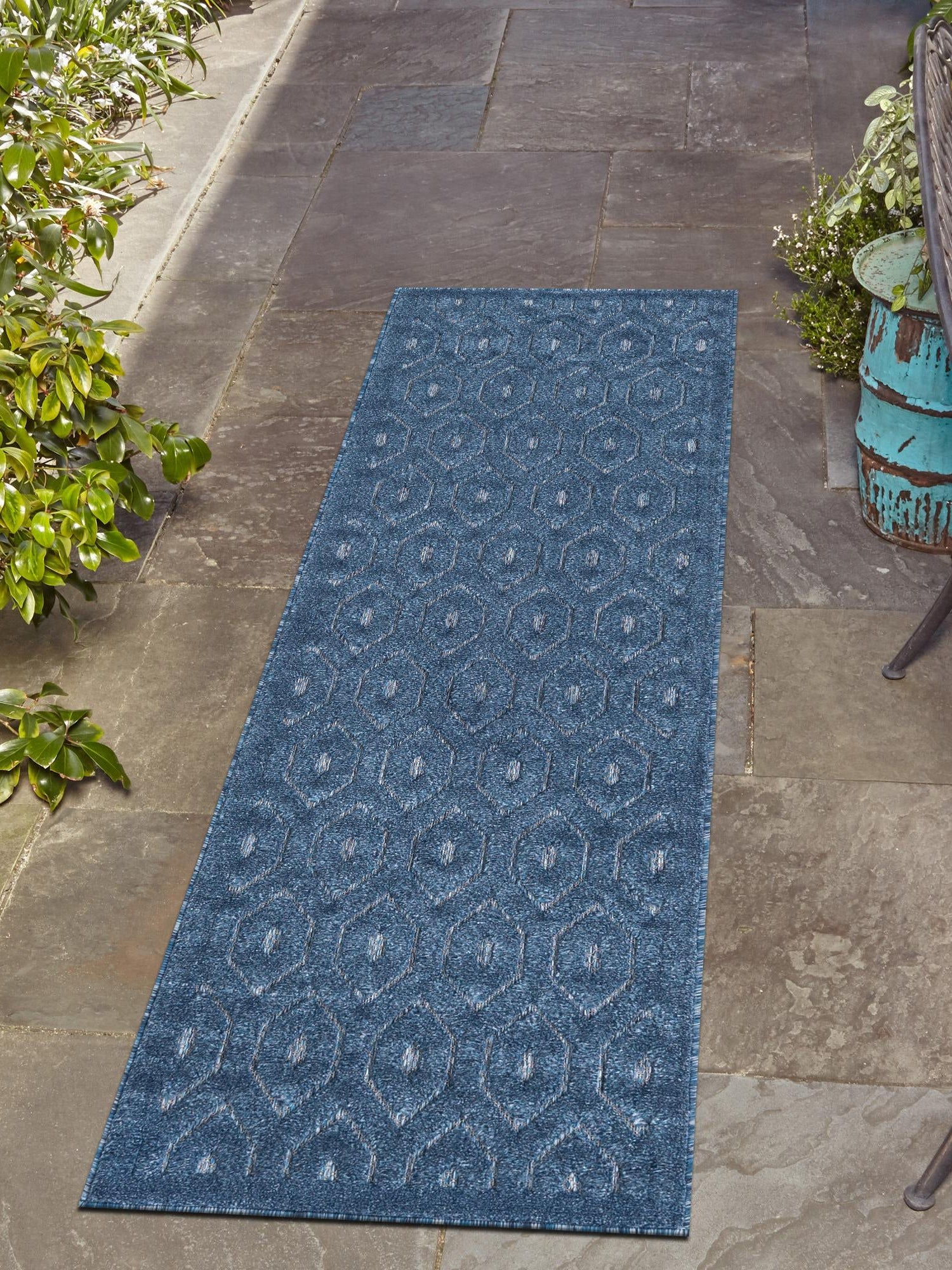 Navy Blue 2' x 8' Outdoor Trellis Textured Runner Area Rug Weather Resistant for Patio, Deck, Terrace, Balcony, Porch Geometric Design Water Safe Outside Carpet for Sale at Rug Engine
