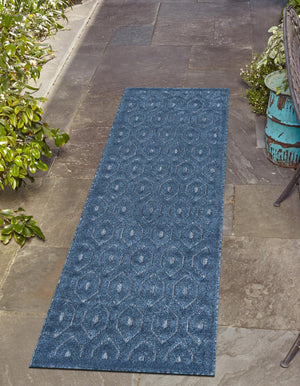 Navy Blue 2' x 8' Outdoor Trellis Textured Runner Area Rug Weather Resistant for Patio, Deck, Terrace, Balcony, Porch Geometric Design Water Safe Outside Carpet for Sale at Rug Engine