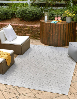 Grey 1' 4 x 1' 4 Outdoor Trellis Textured Sample Area Rug Weather Resistant for Patio, Deck, Terrace, Balcony, Porch Geometric Design Water Safe Outside Carpet for Sale at Rug Engine