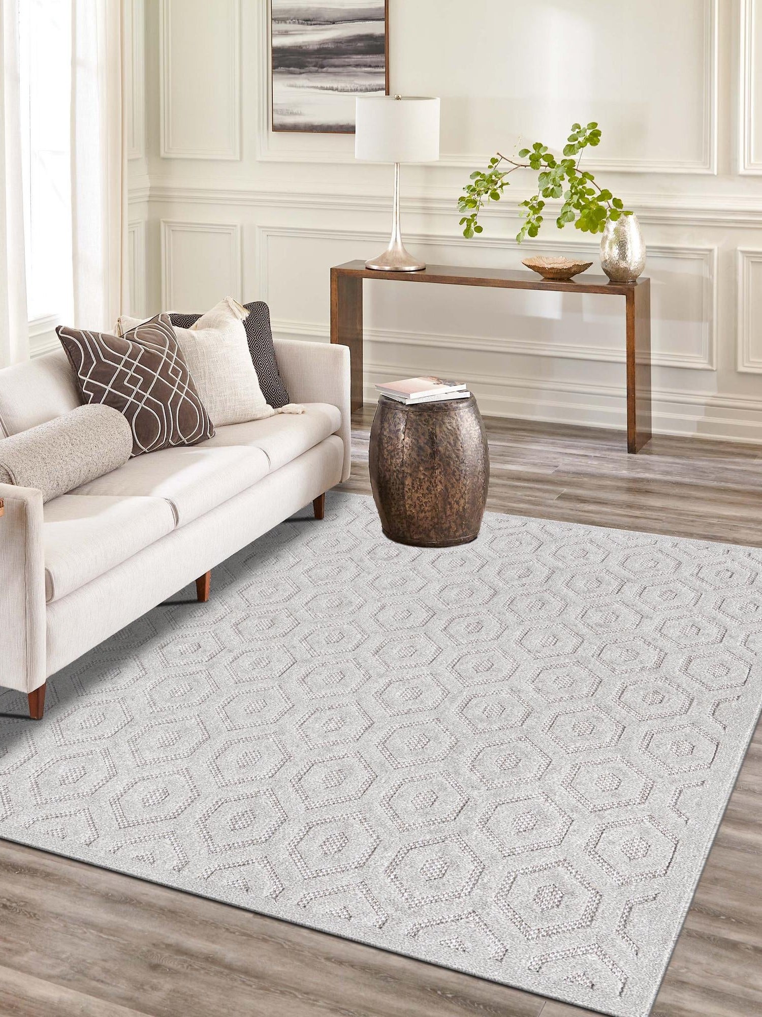 Grey 4' x 6' Outdoor Trellis Textured Rectangle Area Rug Weather Resistant for Patio, Deck, Terrace, Balcony, Porch Geometric Design Water Safe Outside Carpet for Sale at Rug Engine