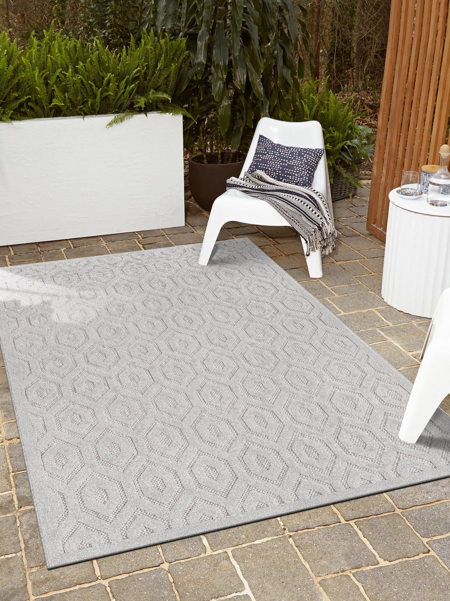 Grey 5' 3 x 8' Outdoor Trellis Textured Rectangle Area Rug Weather Resistant for Patio, Deck, Terrace, Balcony, Porch Geometric Design Water Safe Outside Carpet for Sale at Rug Engine