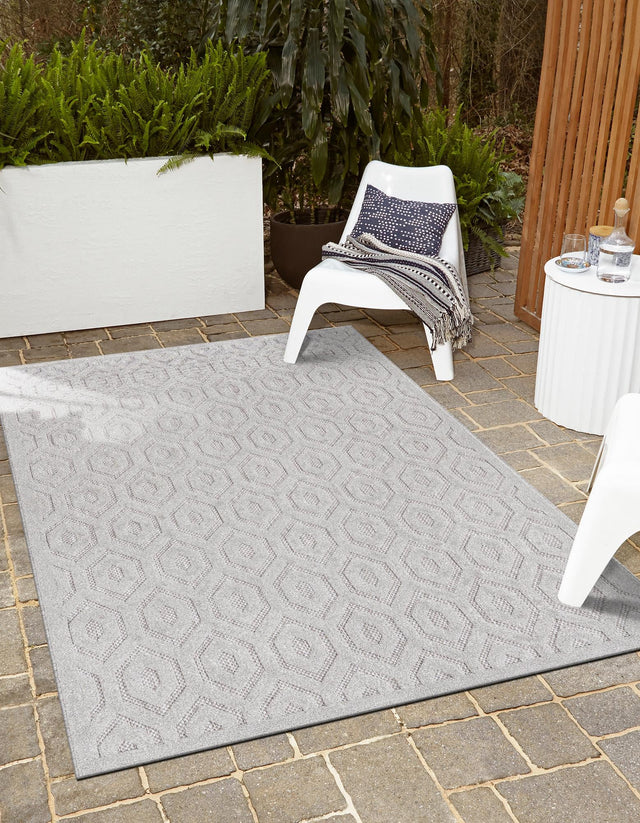 Grey 5' 3 x 8' Outdoor Trellis Textured Rectangle Area Rug Weather Resistant for Patio, Deck, Terrace, Balcony, Porch Geometric Design Water Safe Outside Carpet for Sale at Rug Engine