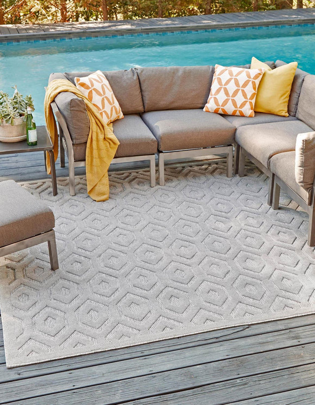 Grey 7' 10 x 7' 10 Outdoor Trellis Textured Square Area Rug Weather Resistant for Patio, Deck, Terrace, Balcony, Porch Geometric Design Water Safe Outside Carpet for Sale at Rug Engine