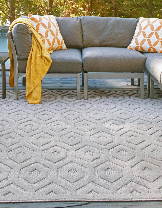Grey 7' 10 x 7' 10 Outdoor Trellis Textured Square Area Rug Weather Resistant for Patio, Deck, Terrace, Balcony, Porch Geometric Design Water Safe Outside Carpet for Sale at Rug Engine