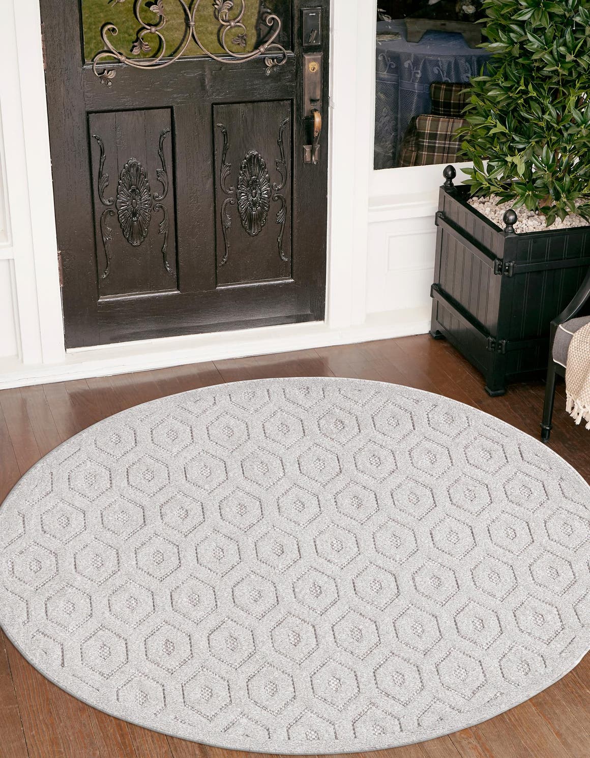 Grey 5' 3 x 5' 3 Outdoor Trellis Textured Round Area Rug Weather Resistant for Patio, Deck, Terrace, Balcony, Porch Geometric Design Water Safe Outside Carpet for Sale at Rug Engine