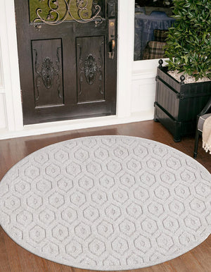 Grey 5' 3 x 5' 3 Outdoor Trellis Textured Round Area Rug Weather Resistant for Patio, Deck, Terrace, Balcony, Porch Geometric Design Water Safe Outside Carpet for Sale at Rug Engine