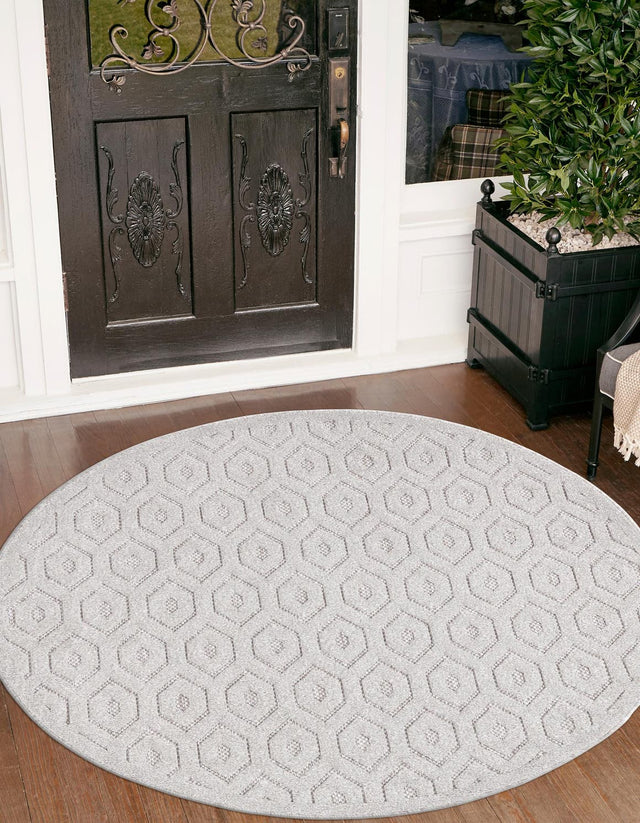 Grey 5' 3 x 5' 3 Outdoor Trellis Textured Round Area Rug Weather Resistant for Patio, Deck, Terrace, Balcony, Porch Geometric Design Water Safe Outside Carpet for Sale at Rug Engine