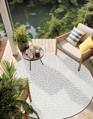 Grey 3' x 3' Outdoor Trellis Textured Round Area Rug Weather Resistant for Patio, Deck, Terrace, Balcony, Porch Geometric Design Water Safe Outside Carpet for Sale at Rug Engine