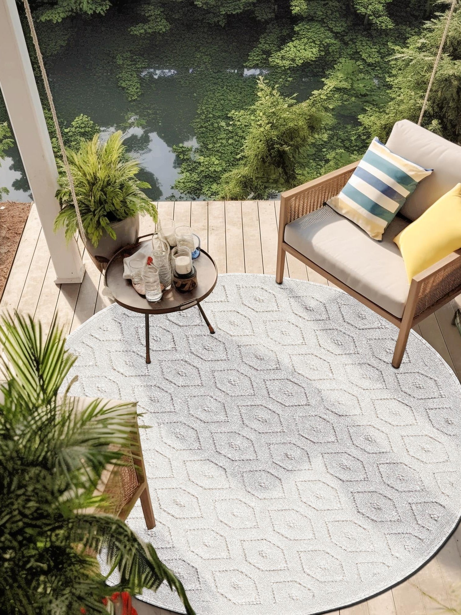 Grey 4' x 4' Outdoor Trellis Textured Round Area Rug Weather Resistant for Patio, Deck, Terrace, Balcony, Porch Geometric Design Water Safe Outside Carpet for Sale at Rug Engine