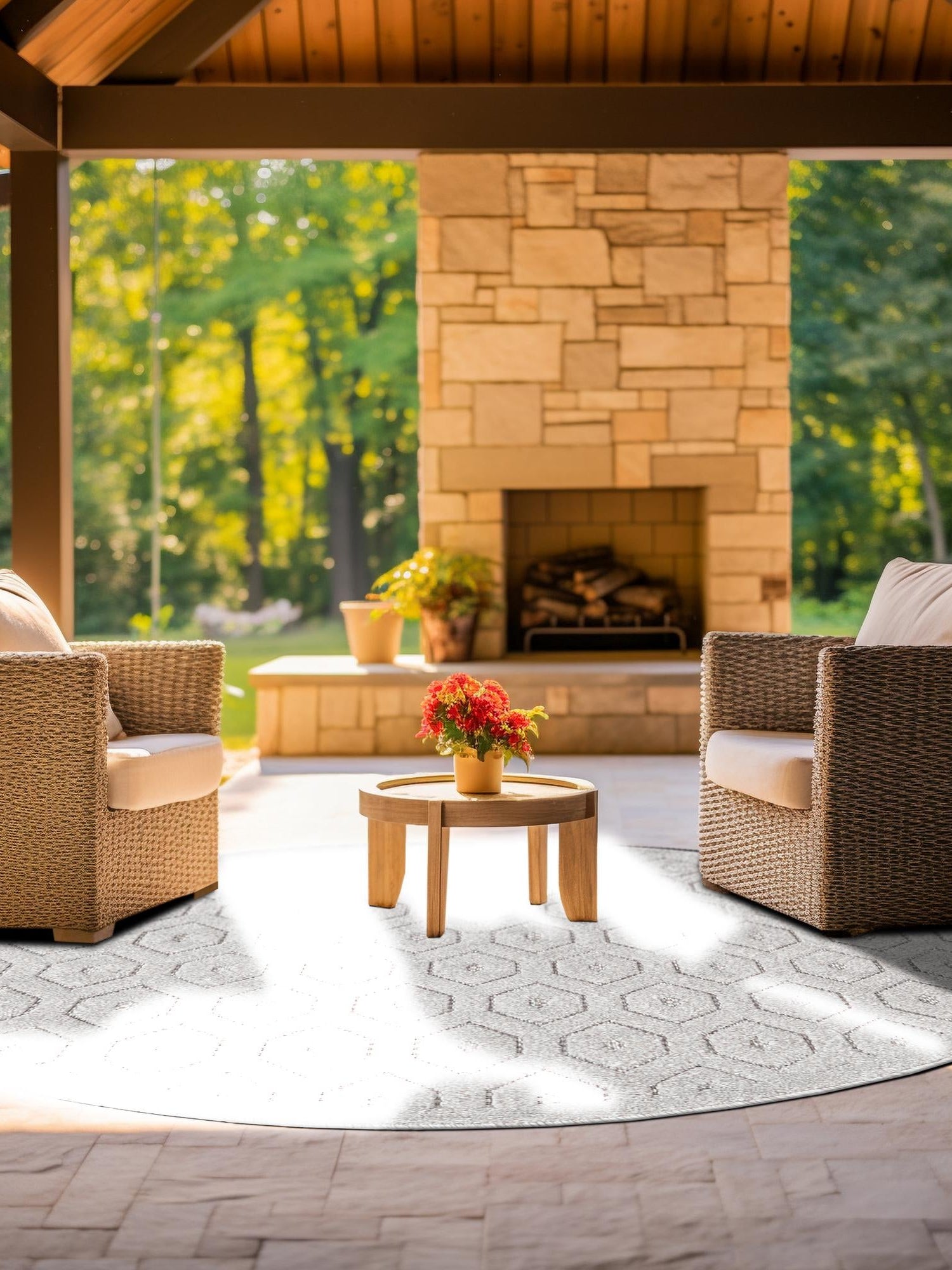 Grey 4' x 4' Outdoor Trellis Textured Round Area Rug Weather Resistant for Patio, Deck, Terrace, Balcony, Porch Geometric Design Water Safe Outside Carpet for Sale at Rug Engine
