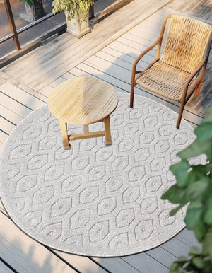 Grey 3' x 3' Outdoor Trellis Textured Round Area Rug Weather Resistant for Patio, Deck, Terrace, Balcony, Porch Geometric Design Water Safe Outside Carpet for Sale at Rug Engine