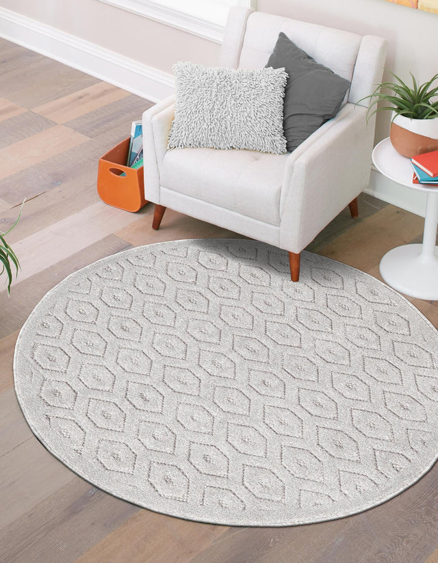 Grey 4' x 4' Outdoor Trellis Textured Round Area Rug Weather Resistant for Patio, Deck, Terrace, Balcony, Porch Geometric Design Water Safe Outside Carpet for Sale at Rug Engine