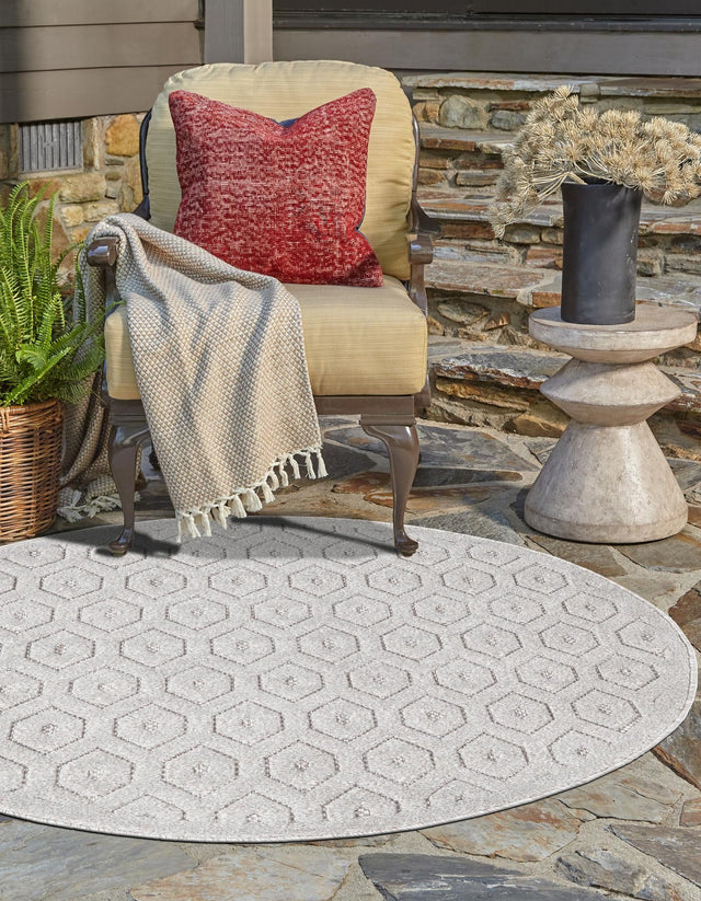 Grey 4' x 4' Outdoor Trellis Textured Round Area Rug Weather Resistant for Patio, Deck, Terrace, Balcony, Porch Geometric Design Water Safe Outside Carpet for Sale at Rug Engine