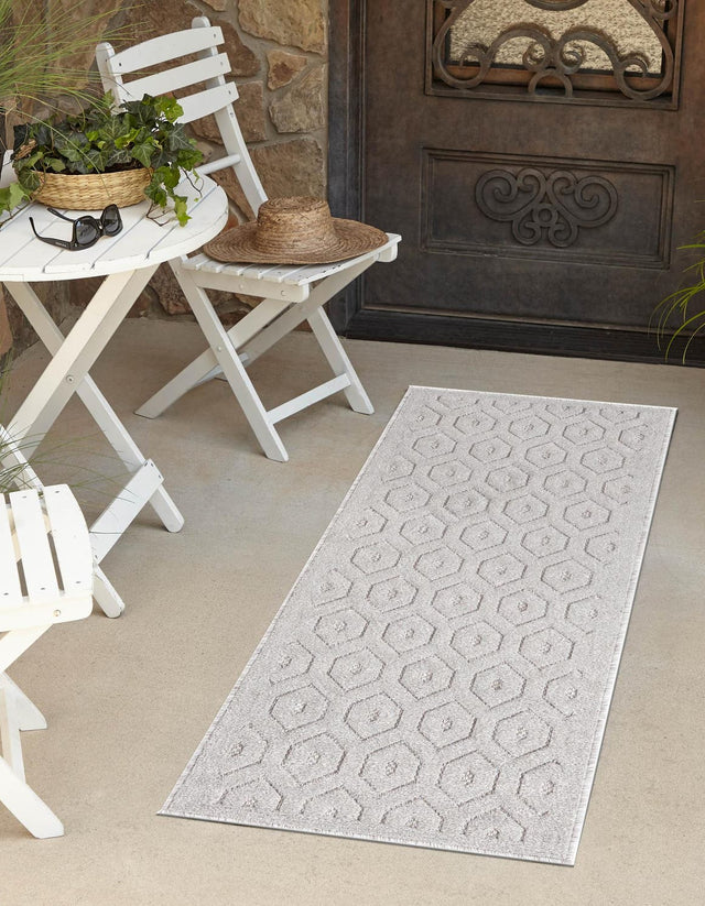 Grey 2' x 6' Outdoor Trellis Textured Runner Area Rug Weather Resistant for Patio, Deck, Terrace, Balcony, Porch Geometric Design Water Safe Outside Carpet for Sale at Rug Engine