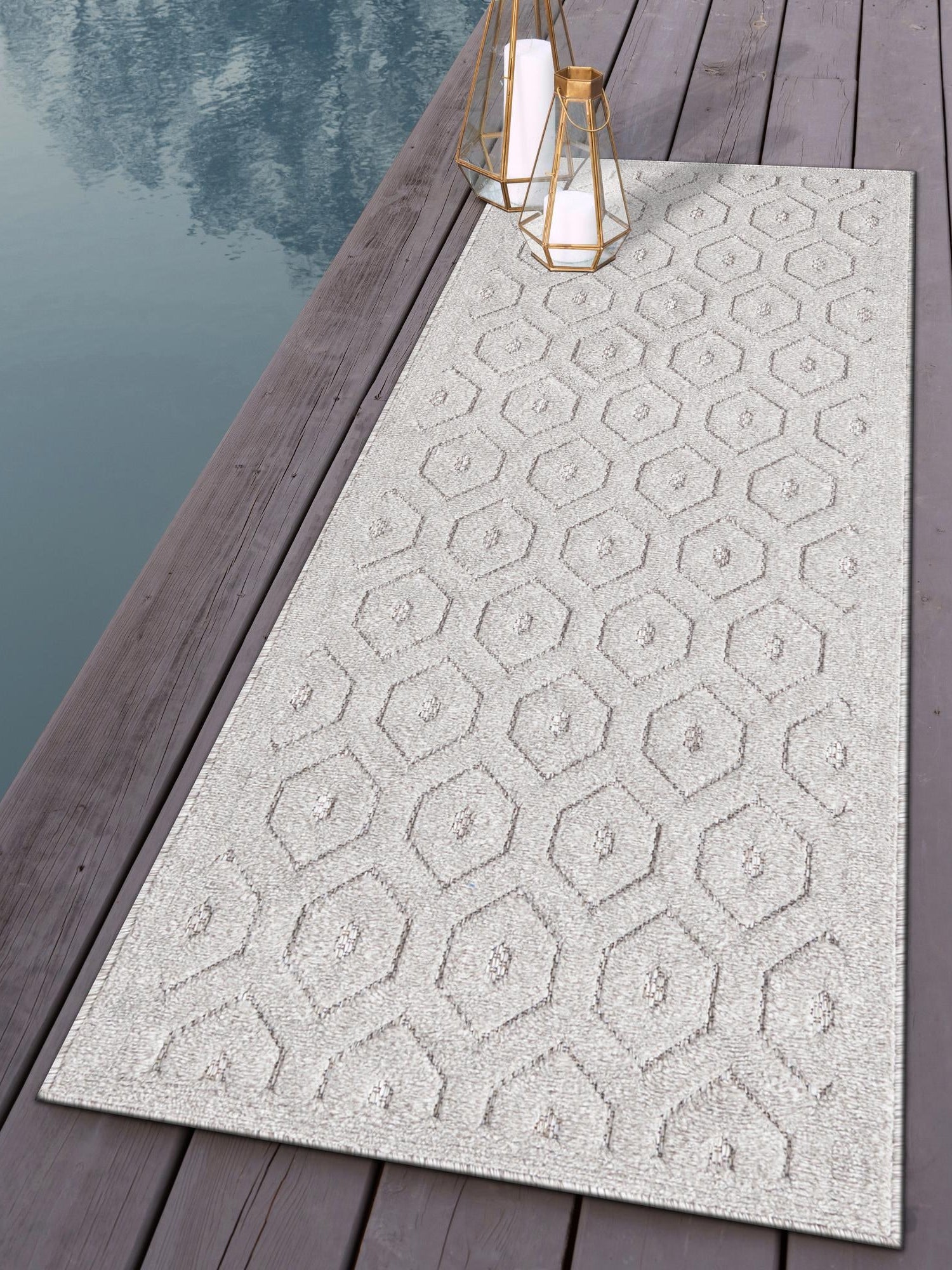 Grey 2' x 6' Outdoor Trellis Textured Runner Area Rug Weather Resistant for Patio, Deck, Terrace, Balcony, Porch Geometric Design Water Safe Outside Carpet for Sale at Rug Engine