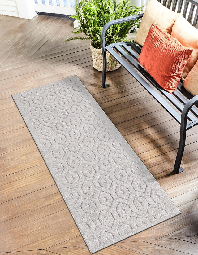 Grey 2' x 8' Outdoor Trellis Textured Runner Area Rug Weather Resistant for Patio, Deck, Terrace, Balcony, Porch Geometric Design Water Safe Outside Carpet for Sale at Rug Engine
