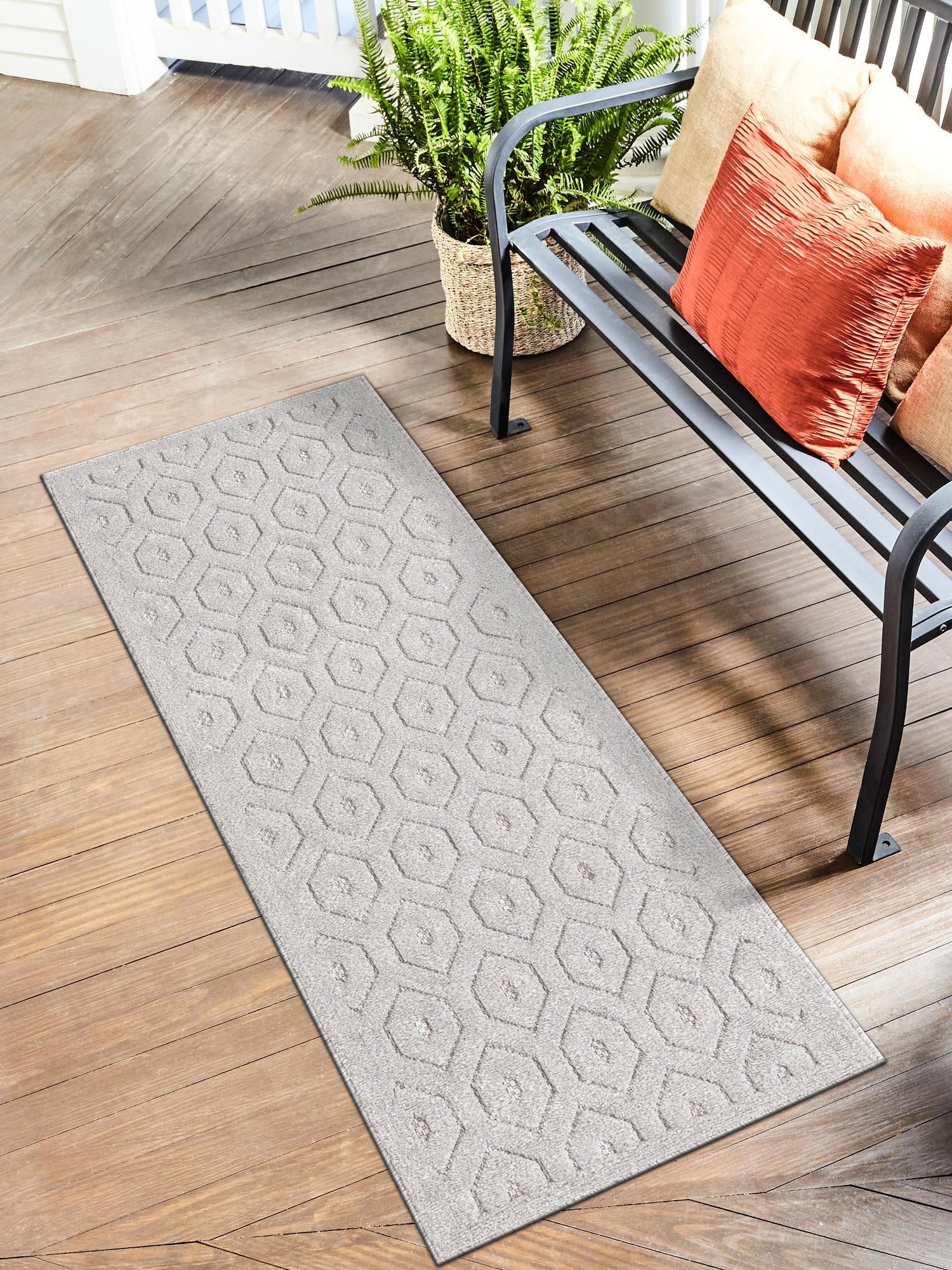 Grey 2' x 6' Outdoor Trellis Textured Runner Area Rug Weather Resistant for Patio, Deck, Terrace, Balcony, Porch Geometric Design Water Safe Outside Carpet for Sale at Rug Engine
