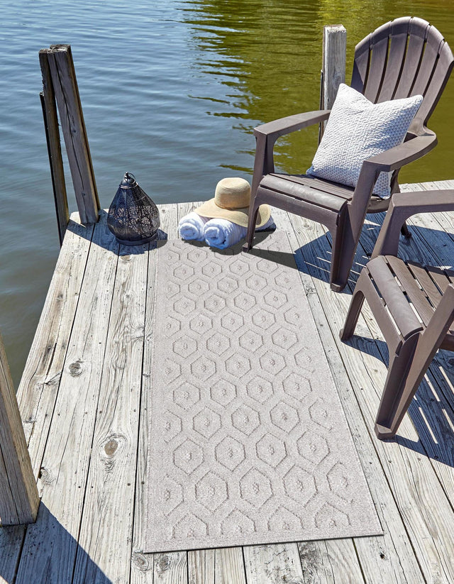 Grey 2' x 8' Outdoor Trellis Textured Runner Area Rug Weather Resistant for Patio, Deck, Terrace, Balcony, Porch Geometric Design Water Safe Outside Carpet for Sale at Rug Engine
