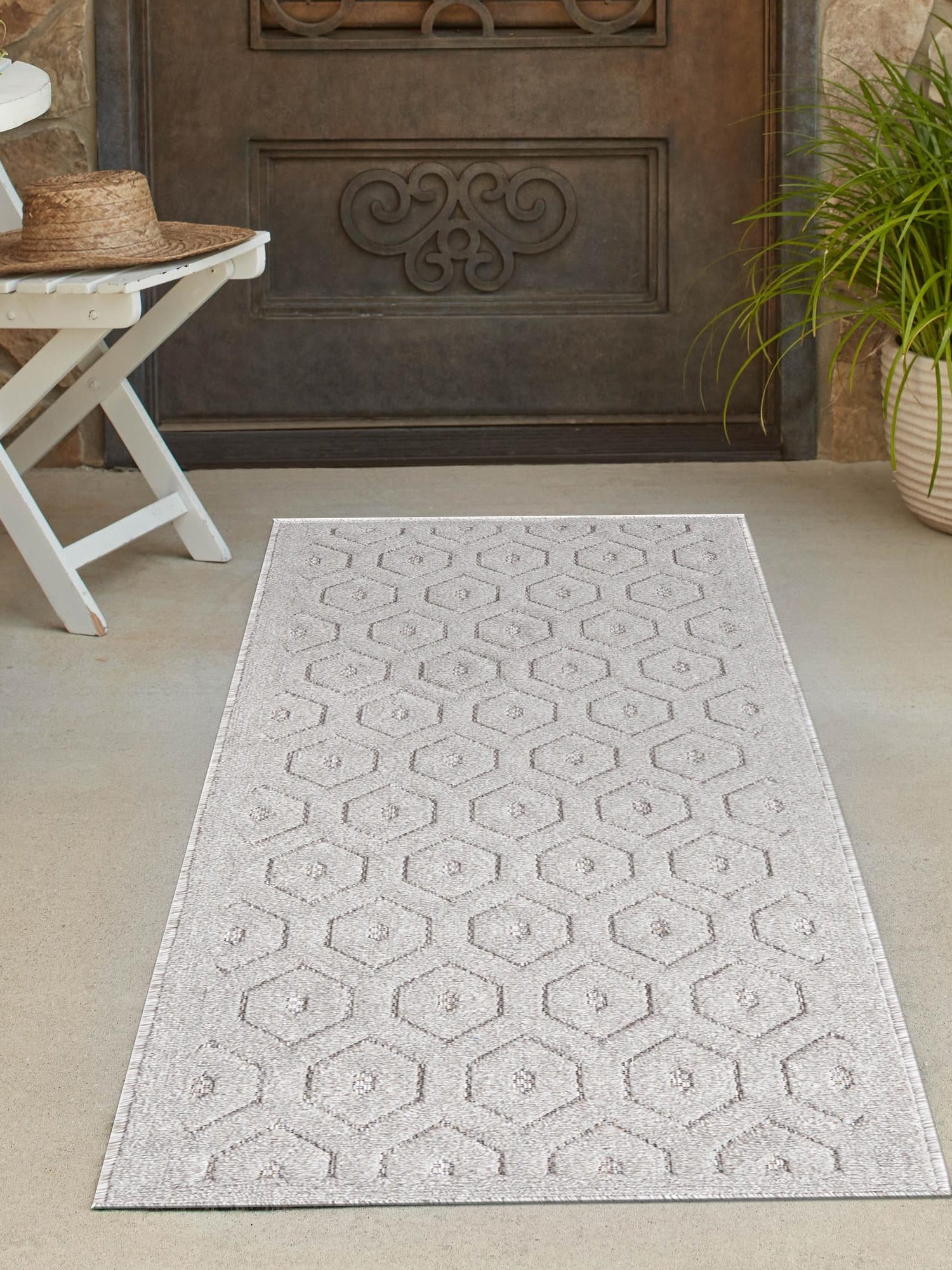Grey 2' x 6' Outdoor Trellis Textured Runner Area Rug Weather Resistant for Patio, Deck, Terrace, Balcony, Porch Geometric Design Water Safe Outside Carpet for Sale at Rug Engine