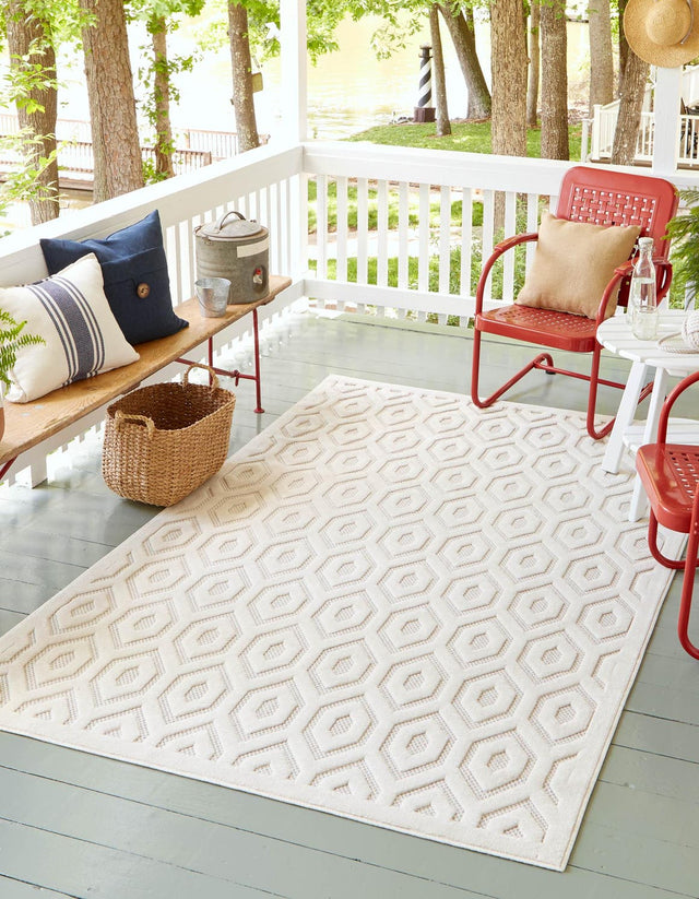 Ivory 5' 3 x 8' Outdoor Trellis Textured Rectangle Area Rug Weather Resistant for Patio, Deck, Terrace, Balcony, Porch Geometric Design Water Safe Outside Carpet for Sale at Rug Engine
