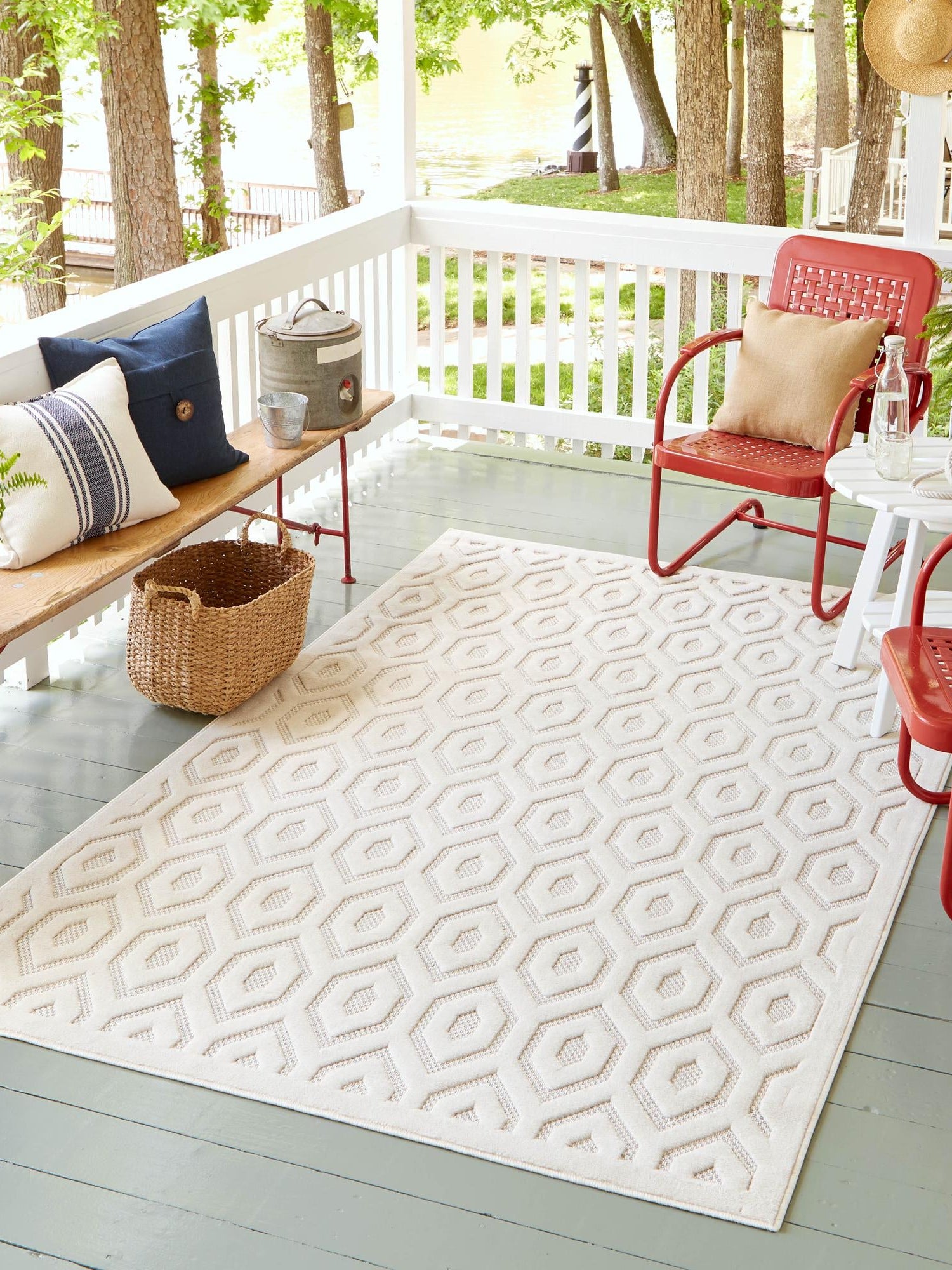 Ivory 1' 4 x 1' 4 Outdoor Trellis Textured Sample Area Rug Weather Resistant for Patio, Deck, Terrace, Balcony, Porch Geometric Design Water Safe Outside Carpet for Sale at Rug Engine
