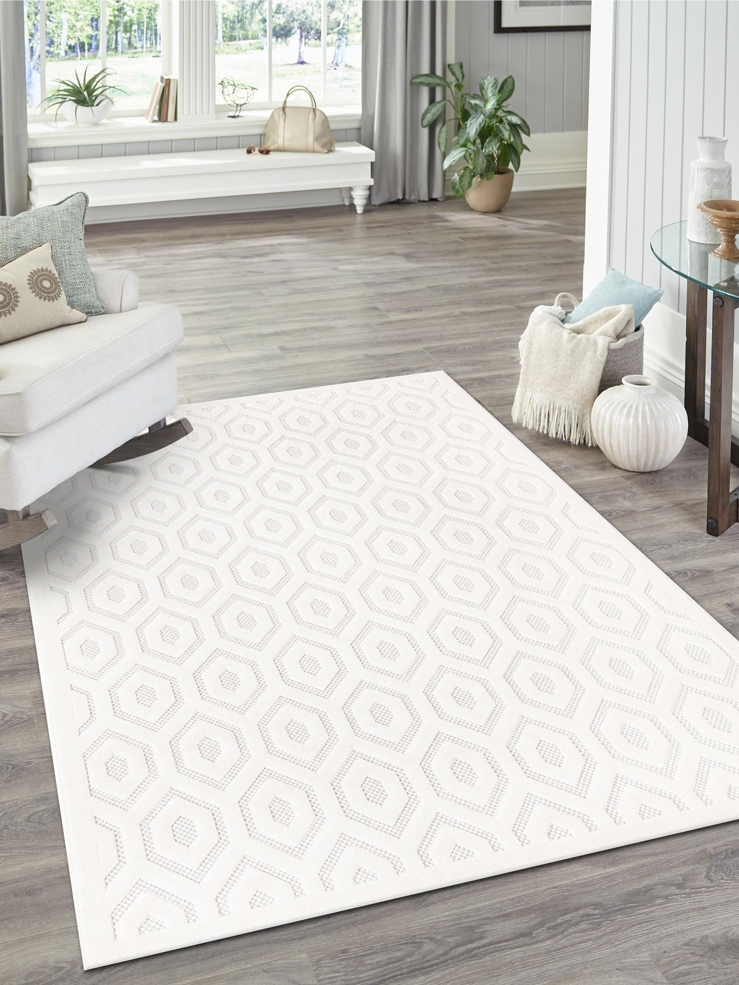 Ivory 9' x 12' Outdoor Trellis Textured Rectangle Area Rug Weather Resistant for Patio, Deck, Terrace, Balcony, Porch Geometric Design Water Safe Outside Carpet for Sale at Rug Engine