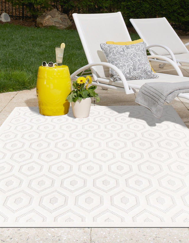 Ivory 5' 3 x 8' Outdoor Trellis Textured Rectangle Area Rug Weather Resistant for Patio, Deck, Terrace, Balcony, Porch Geometric Design Water Safe Outside Carpet for Sale at Rug Engine