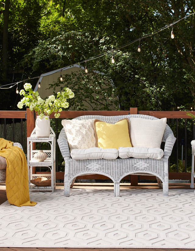 Ivory 7' 10 x 7' 10 Outdoor Trellis Textured Square Area Rug Weather Resistant for Patio, Deck, Terrace, Balcony, Porch Geometric Design Water Safe Outside Carpet for Sale at Rug Engine
