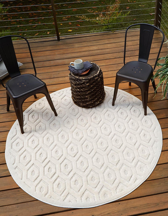 Ivory 4' x 4' Outdoor Trellis Textured Round Area Rug Weather Resistant for Patio, Deck, Terrace, Balcony, Porch Geometric Design Water Safe Outside Carpet for Sale at Rug Engine