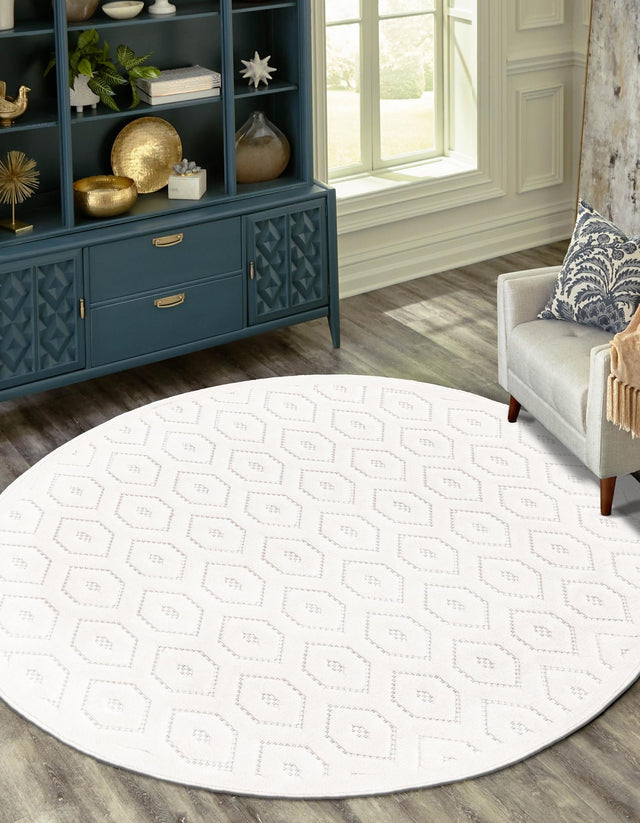 Ivory 3' x 3' Outdoor Trellis Textured Round Area Rug Weather Resistant for Patio, Deck, Terrace, Balcony, Porch Geometric Design Water Safe Outside Carpet for Sale at Rug Engine