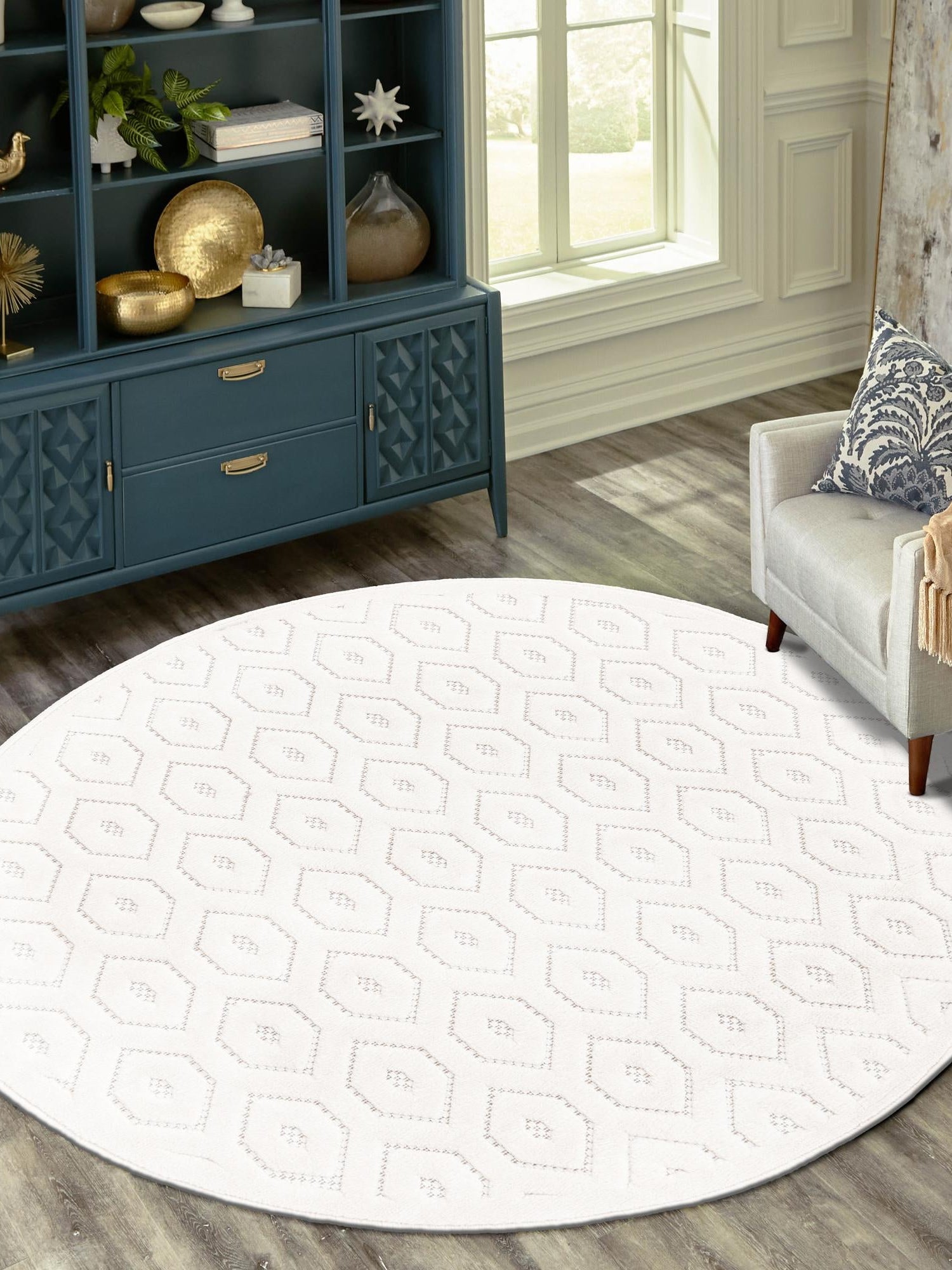 Ivory 4' x 4' Outdoor Trellis Textured Round Area Rug Weather Resistant for Patio, Deck, Terrace, Balcony, Porch Geometric Design Water Safe Outside Carpet for Sale at Rug Engine