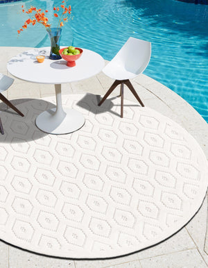 Ivory 5' 3 x 5' 3 Outdoor Trellis Textured Round Area Rug Weather Resistant for Patio, Deck, Terrace, Balcony, Porch Geometric Design Water Safe Outside Carpet for Sale at Rug Engine