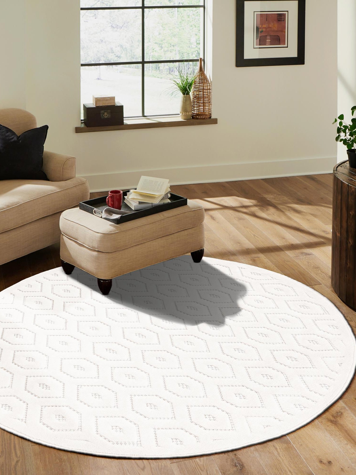Ivory 5' 3 x 5' 3 Outdoor Trellis Textured Round Area Rug Weather Resistant for Patio, Deck, Terrace, Balcony, Porch Geometric Design Water Safe Outside Carpet for Sale at Rug Engine