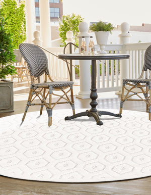 Ivory 3' x 3' Outdoor Trellis Textured Round Area Rug Weather Resistant for Patio, Deck, Terrace, Balcony, Porch Geometric Design Water Safe Outside Carpet for Sale at Rug Engine