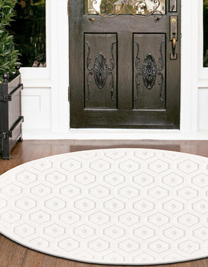 Ivory 4' x 4' Outdoor Trellis Textured Round Area Rug Weather Resistant for Patio, Deck, Terrace, Balcony, Porch Geometric Design Water Safe Outside Carpet for Sale at Rug Engine