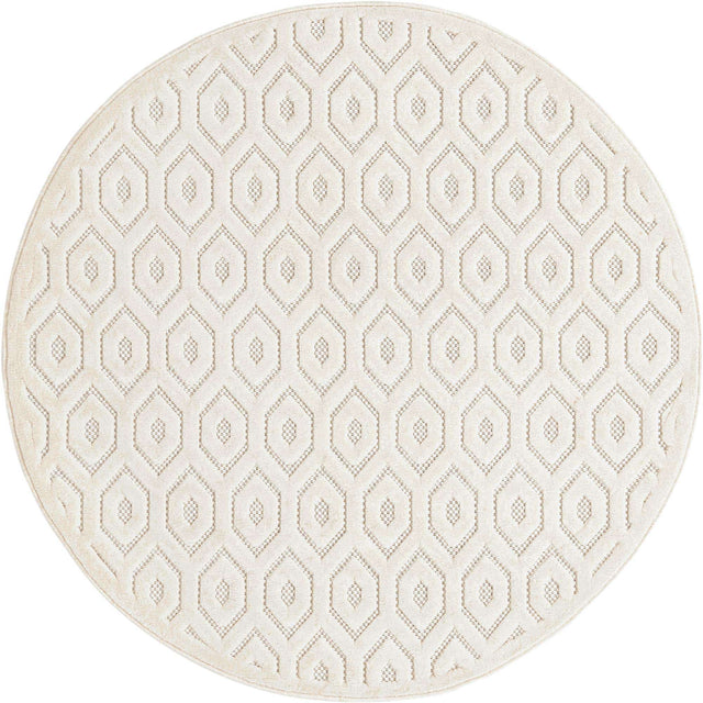 Ivory 5' 3 x 5' 3 Outdoor Trellis Textured Round Area Rug Weather Resistant for Patio, Deck, Terrace, Balcony, Porch Geometric Design Water Safe Outside Carpet for Sale at Rug Engine