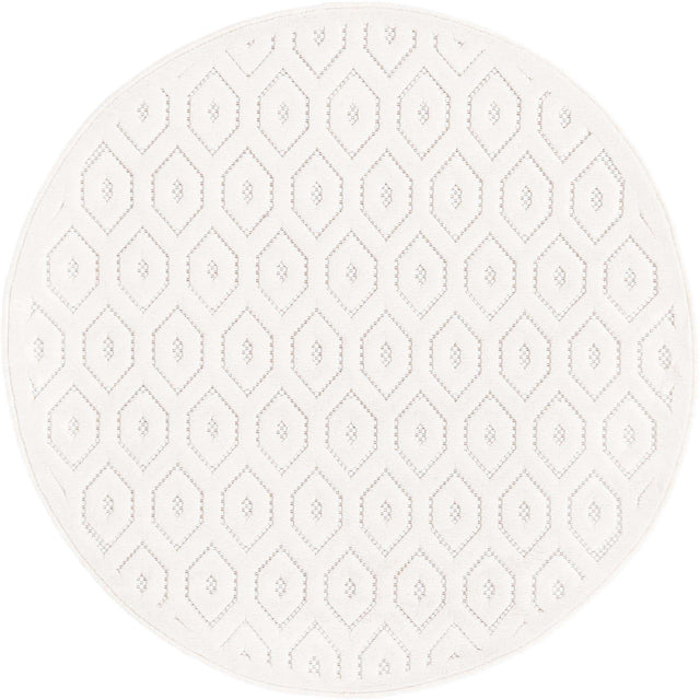 Ivory 4' x 4' Outdoor Trellis Textured Round Area Rug Weather Resistant for Patio, Deck, Terrace, Balcony, Porch Geometric Design Water Safe Outside Carpet for Sale at Rug Engine