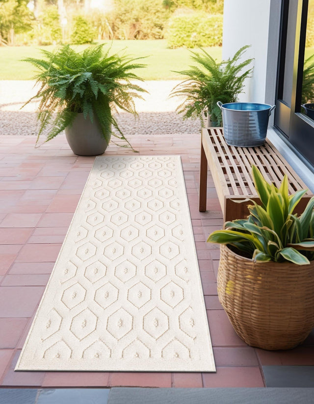 Ivory 2' x 8' Outdoor Trellis Textured Runner Area Rug Weather Resistant for Patio, Deck, Terrace, Balcony, Porch Geometric Design Water Safe Outside Carpet for Sale at Rug Engine