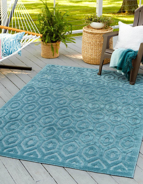 Aqua 5' 3 x 8' Outdoor Trellis Textured Rectangle Rug