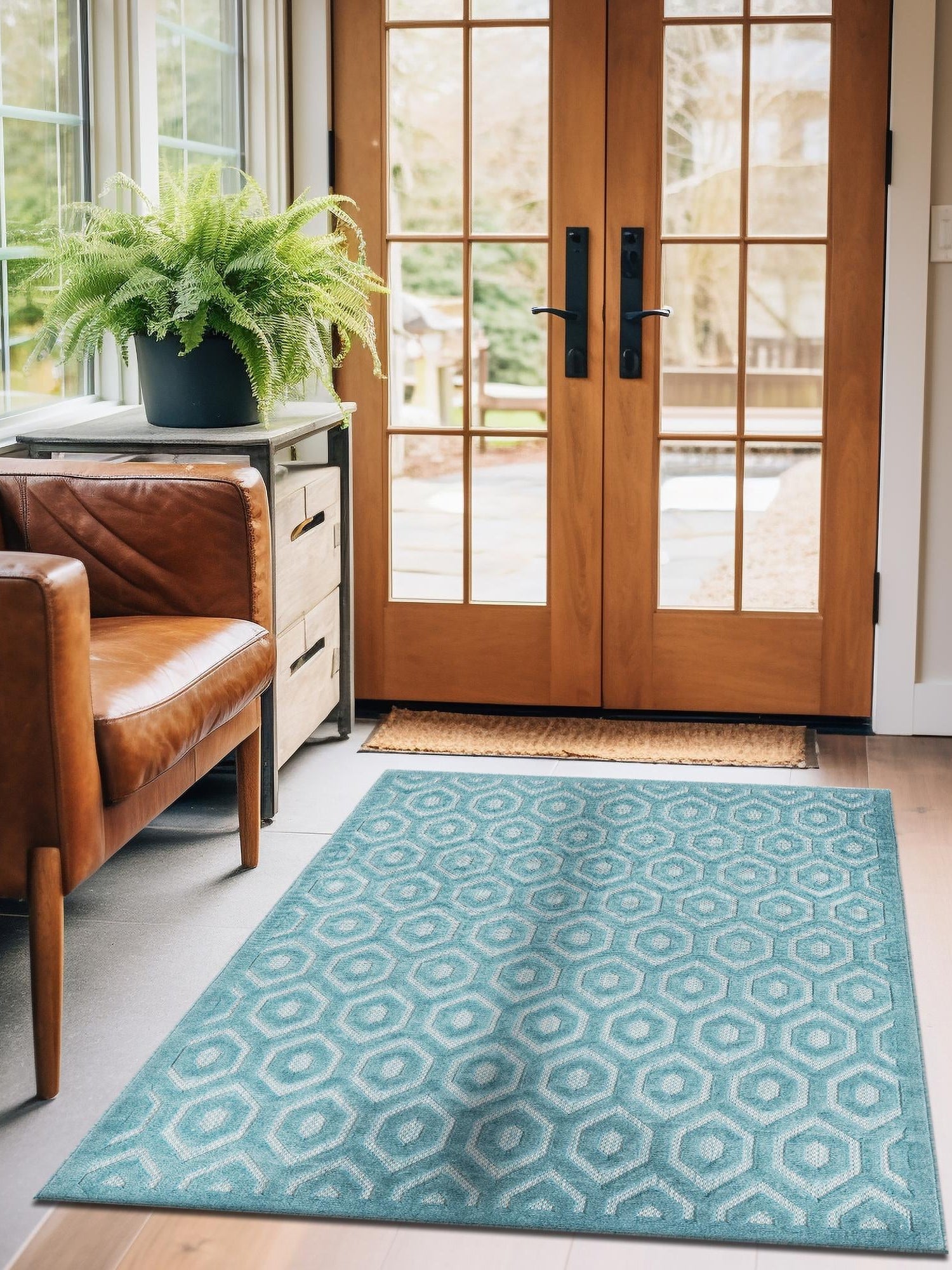 Aqua 7' 10 x 10' Outdoor Trellis Textured Rectangle Area Rug Weather Resistant for Patio, Deck, Terrace, Balcony, Porch Geometric Design Water Safe Outside Carpet for Sale at Rug Engine