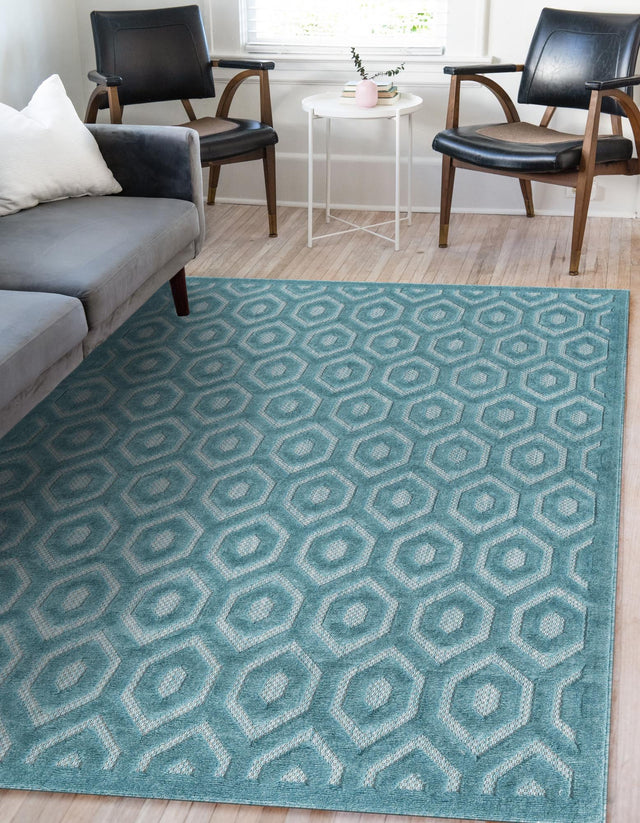 Aqua 5' 3 x 8' Outdoor Trellis Textured Rectangle Rug