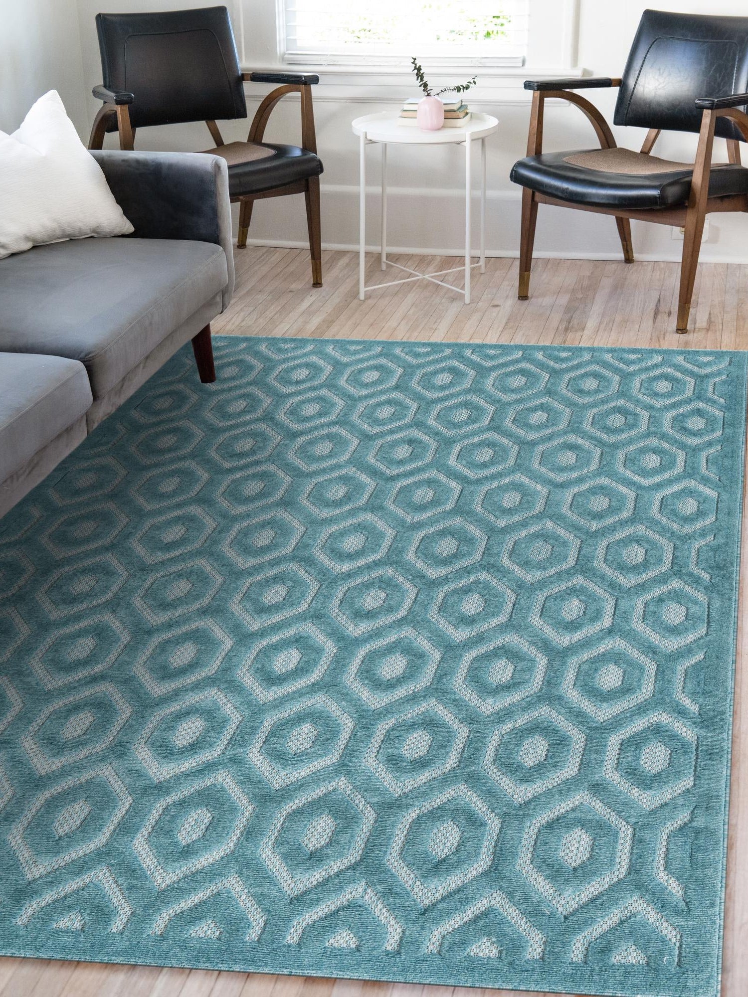 Aqua 7' 10 x 10' Outdoor Trellis Textured Rectangle Area Rug Weather Resistant for Patio, Deck, Terrace, Balcony, Porch Geometric Design Water Safe Outside Carpet for Sale at Rug Engine