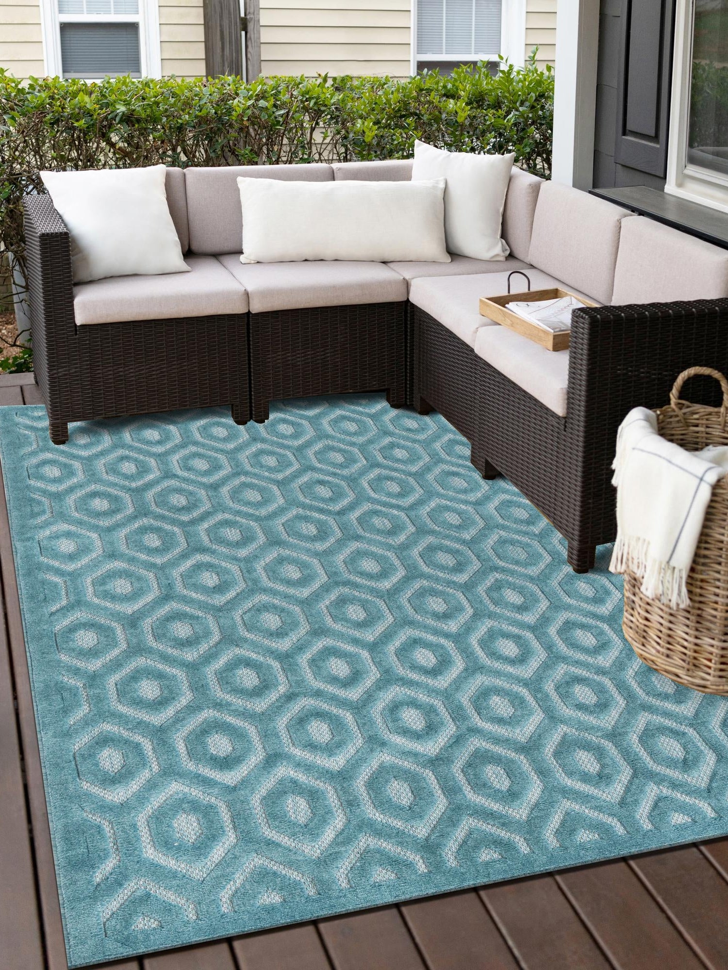 Aqua 7' 10 x 10' Outdoor Trellis Textured Rectangle Area Rug Weather Resistant for Patio, Deck, Terrace, Balcony, Porch Geometric Design Water Safe Outside Carpet for Sale at Rug Engine