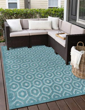 Aqua 6' x 9' Outdoor Trellis Textured Rectangle Area Rug Weather Resistant for Patio, Deck, Terrace, Balcony, Porch Geometric Design Water Safe Outside Carpet for Sale at Rug Engine