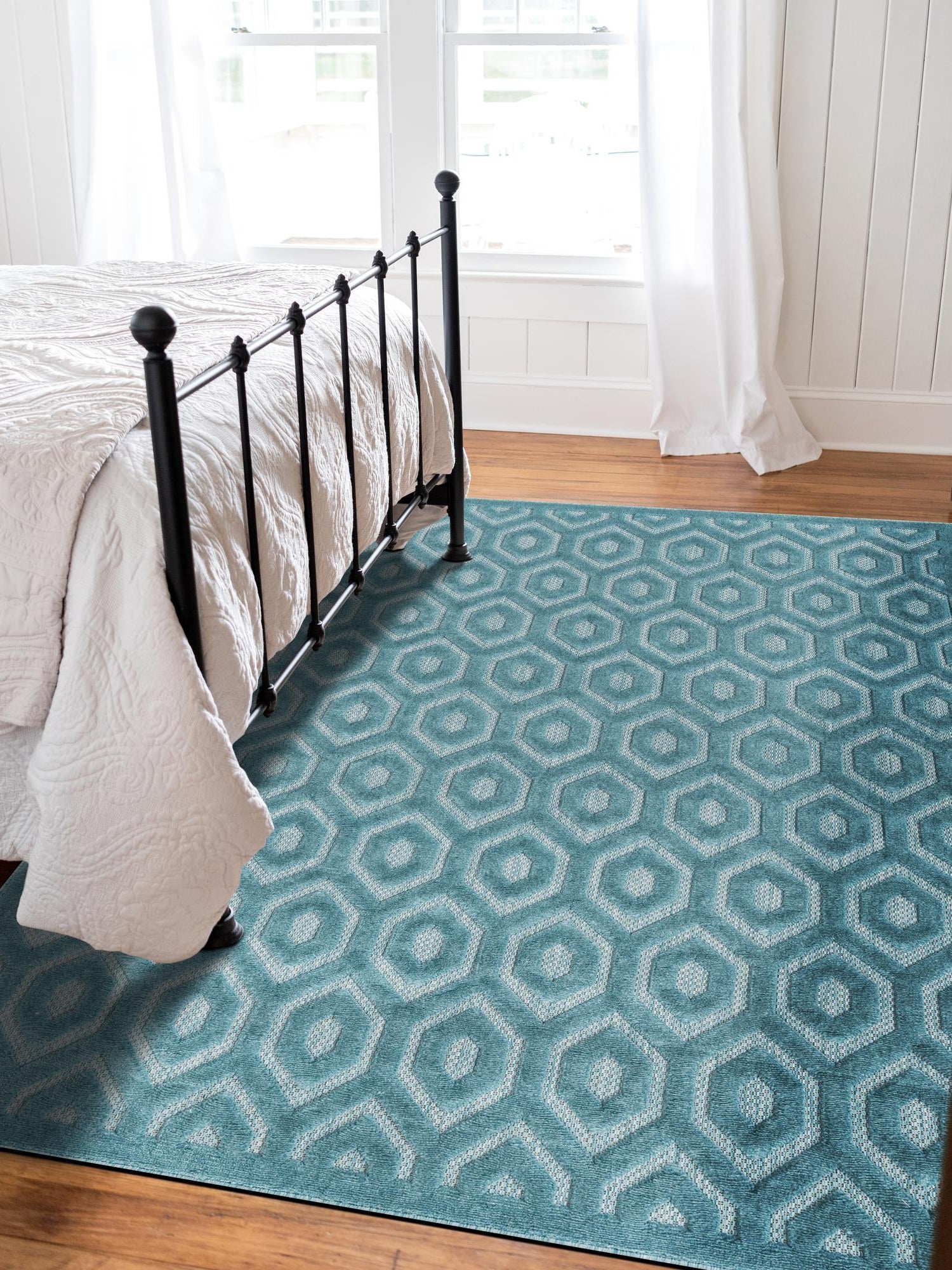 Aqua 6' x 9' Outdoor Trellis Textured Rectangle Area Rug Weather Resistant for Patio, Deck, Terrace, Balcony, Porch Geometric Design Water Safe Outside Carpet for Sale at Rug Engine
