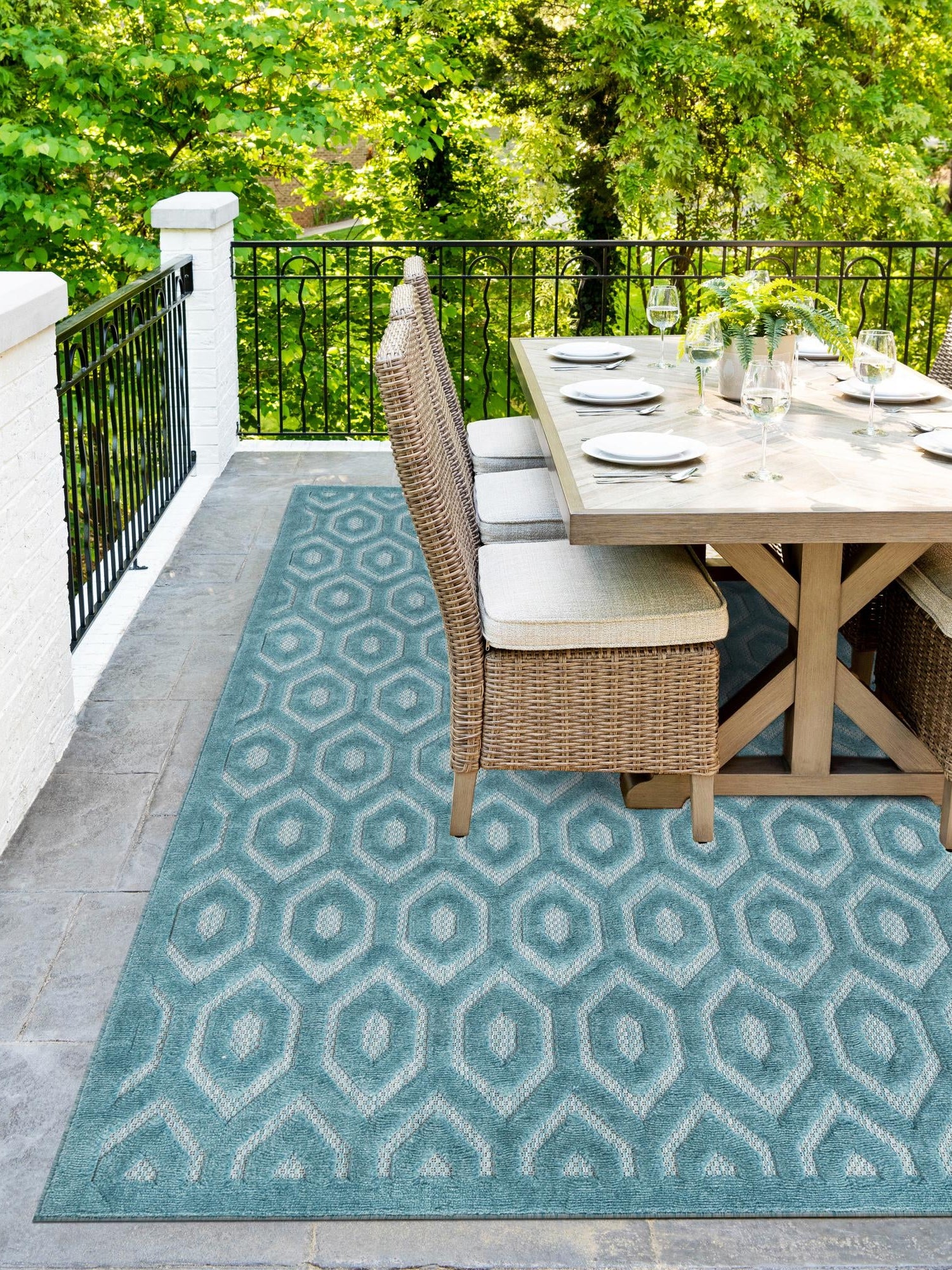 Aqua 5' 3 x 8' Outdoor Trellis Textured Rectangle Area Rug Weather Resistant for Patio, Deck, Terrace, Balcony, Porch Geometric Design Water Safe Outside Carpet for Sale at Rug Engine